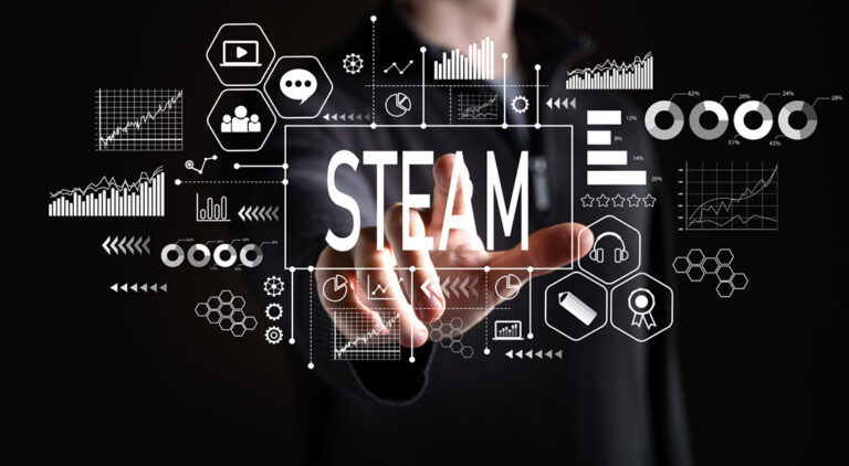 STEAM on a learning glass with symbols and a person standing behind the glass.