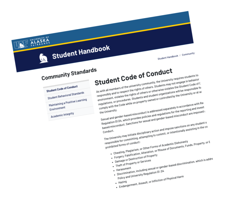 A screenshot of the UAF Student Code of Conduct