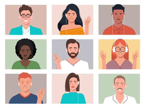 A 3x3 grid of illustrated people who look as if they are tuned into a web meeting.